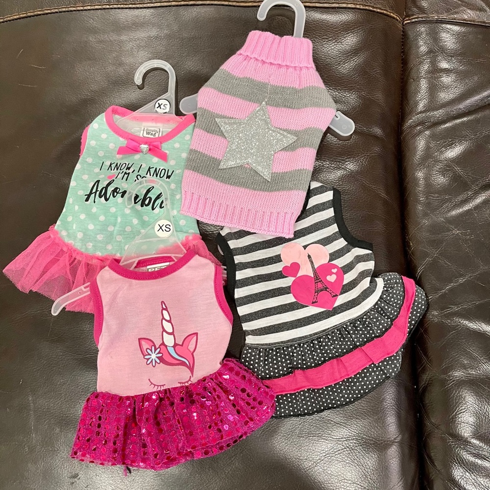 4 XS pet outfits fit 3 to 5 pound puppies